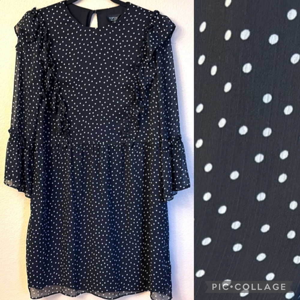 TOPSHOP Size 10 Black White Polka Dot Knee Length Dress Sheer Ruffles